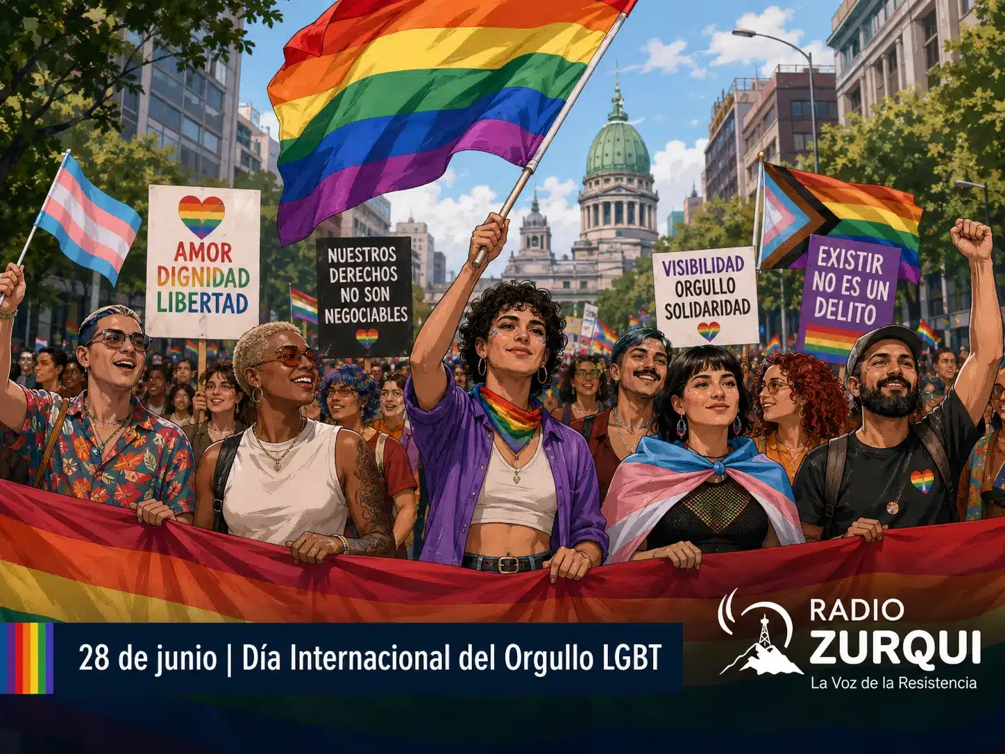 Ilustración de una marcha del orgullo LGBT con banderas arcoíris, personas diversas y la leyenda 28 de junio Día Internacional del Orgullo LGBT.