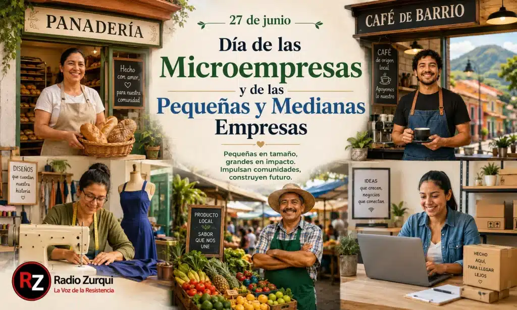 Ilustración del Día de las Microempresas y de las Pequeñas y Medianas Empresas con emprendedores locales, comercios de barrio y logo de Radio Zurquí.