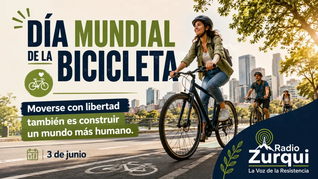 Imagen editorial de Radio Zurquí sobre el Día Mundial de la Bicicleta, con ciclistas en una ciudad y el mensaje sobre movilidad sostenible y libertad.