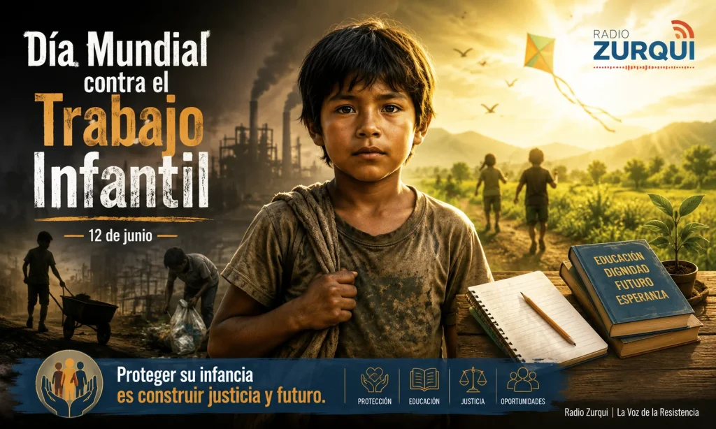 Imagen editorial del Día Mundial contra el Trabajo Infantil, 12 de junio, con un niño frente al contraste entre explotación, educación y esperanza.