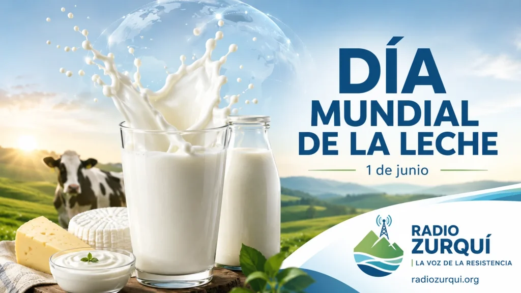 Día Mundial de la Leche 1 de junio ilustrado por Radio Zurquí con leche, productos lácteos y paisaje rural