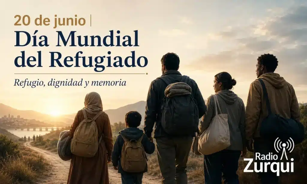 Imagen editorial de Radio Zurquí sobre el Día Mundial del Refugiado, con personas caminando hacia un horizonte de esperanza y dignidad.