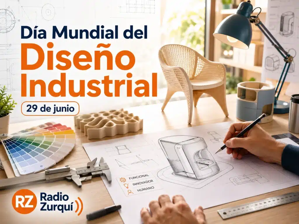 Día Mundial del Diseño Industrial ilustrado con bocetos, herramientas, prototipos y el logo de Radio Zurquí.