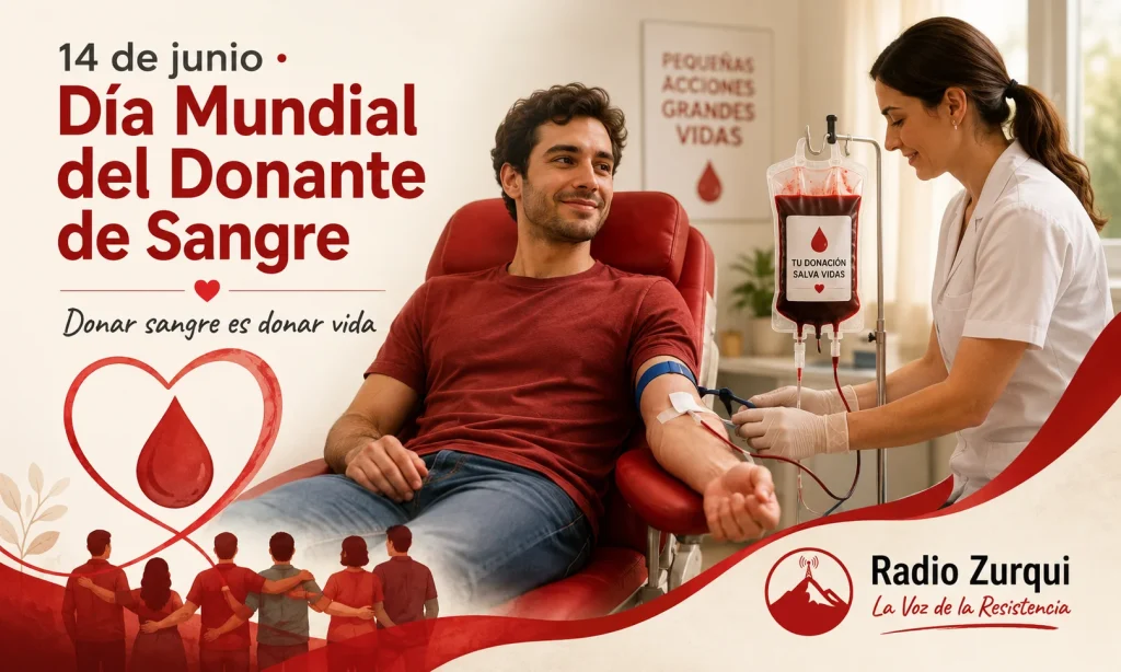 Imagen editorial del Día Mundial del Donante de Sangre con una persona donando sangre, personal médico y el mensaje donar sangre es donar vida.