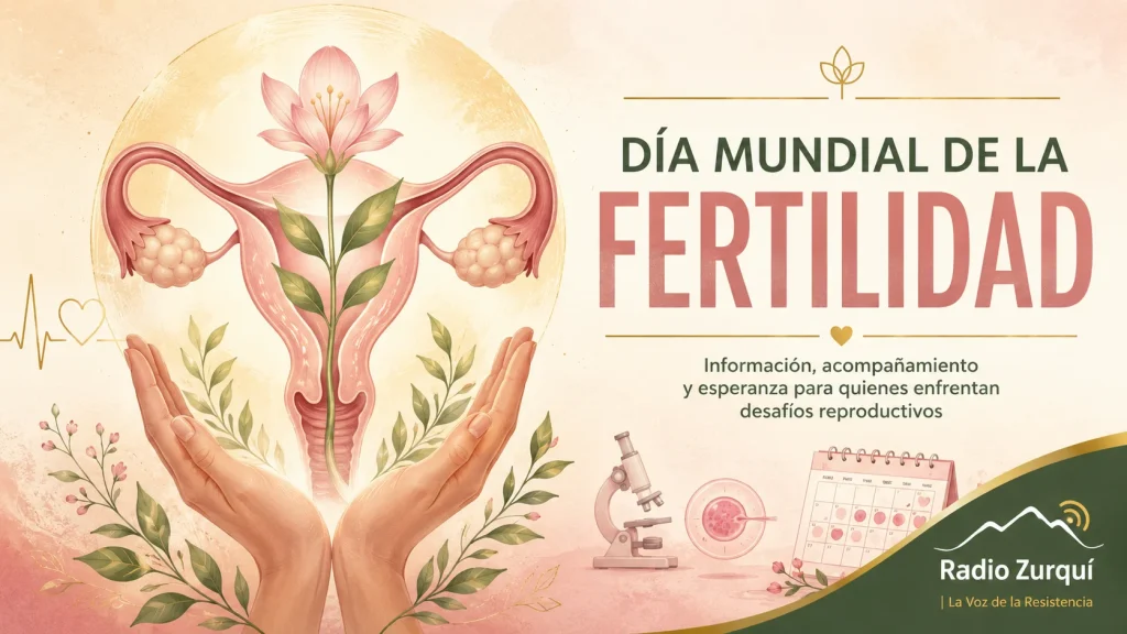 Día Mundial de la Fertilidad ilustrado por Radio Zurquí con símbolos de salud reproductiva, acompañamiento y esperanza.