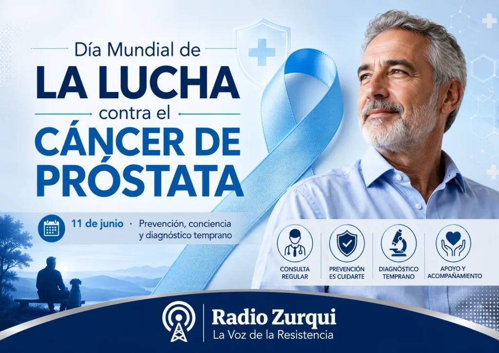 Día Mundial de la Lucha contra el Cáncer de Próstata con lazo azul, mensaje de prevención y logo de Radio Zurqui.