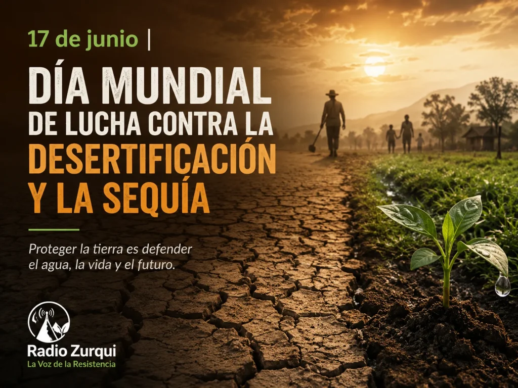 Ilustración del Día Mundial de Lucha contra la Desertificación y la Sequía con suelo agrietado, una planta brotando y logo de Radio Zurqui.