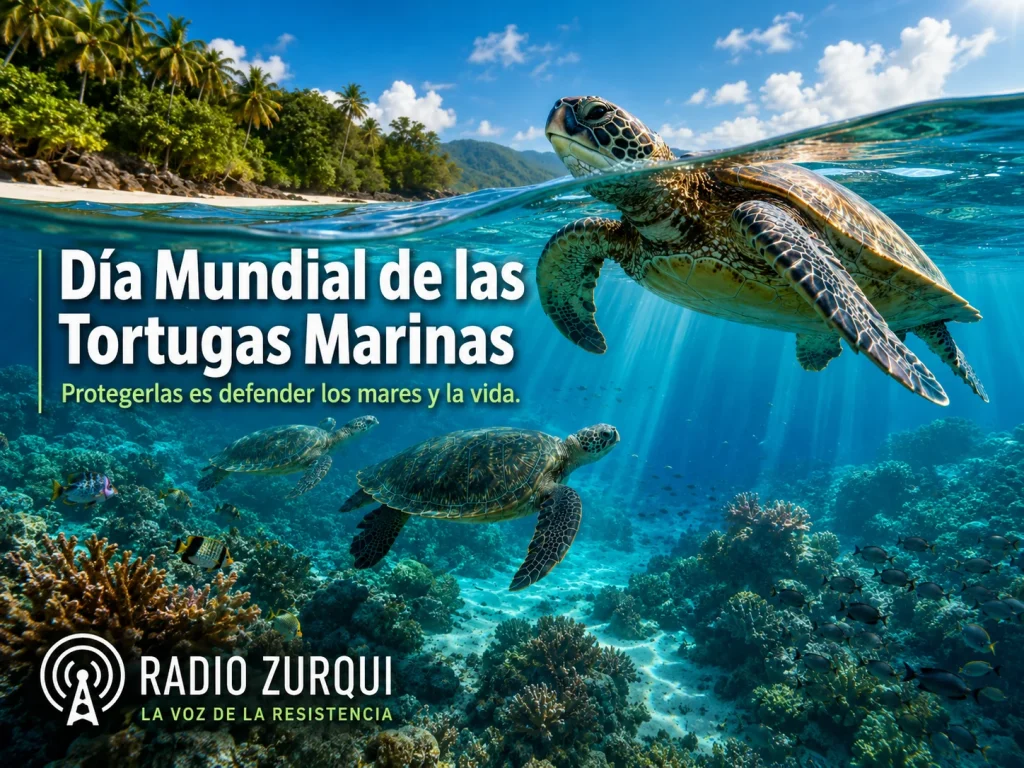 Imagen del Día Mundial de las Tortugas Marinas con tortugas nadando en aguas tropicales y mensaje de protección marina.