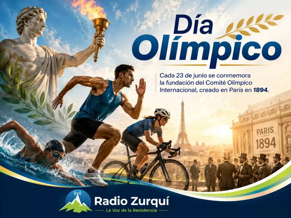 Imagen editorial de Radio Zurquí sobre el Día Olímpico y la fundación del Comité Olímpico Internacional en París en 1894.
