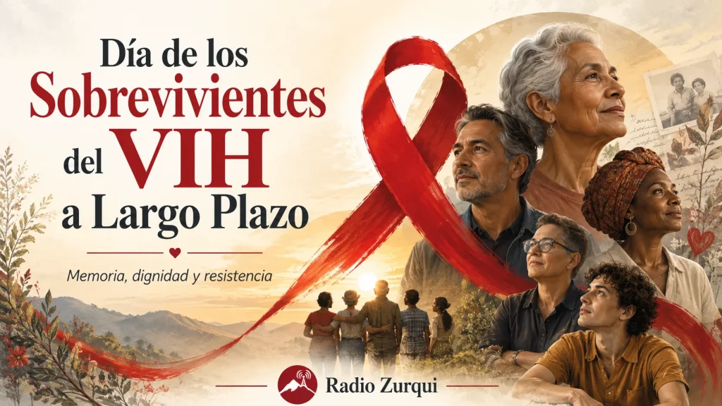 Imagen artística del Día de los Sobrevivientes del VIH a Largo Plazo con lazo rojo, personas diversas y mensaje de memoria, dignidad y resistencia.