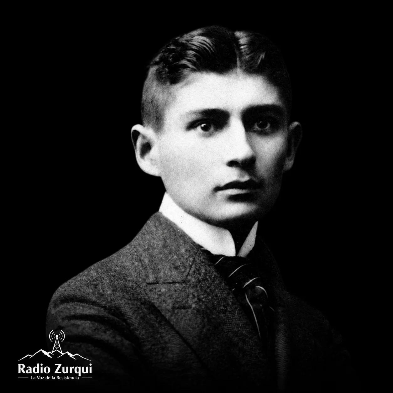 Retrato en blanco y negro de Franz Kafka con logo de Radio Zurquí para la cita del día del 3 de junio