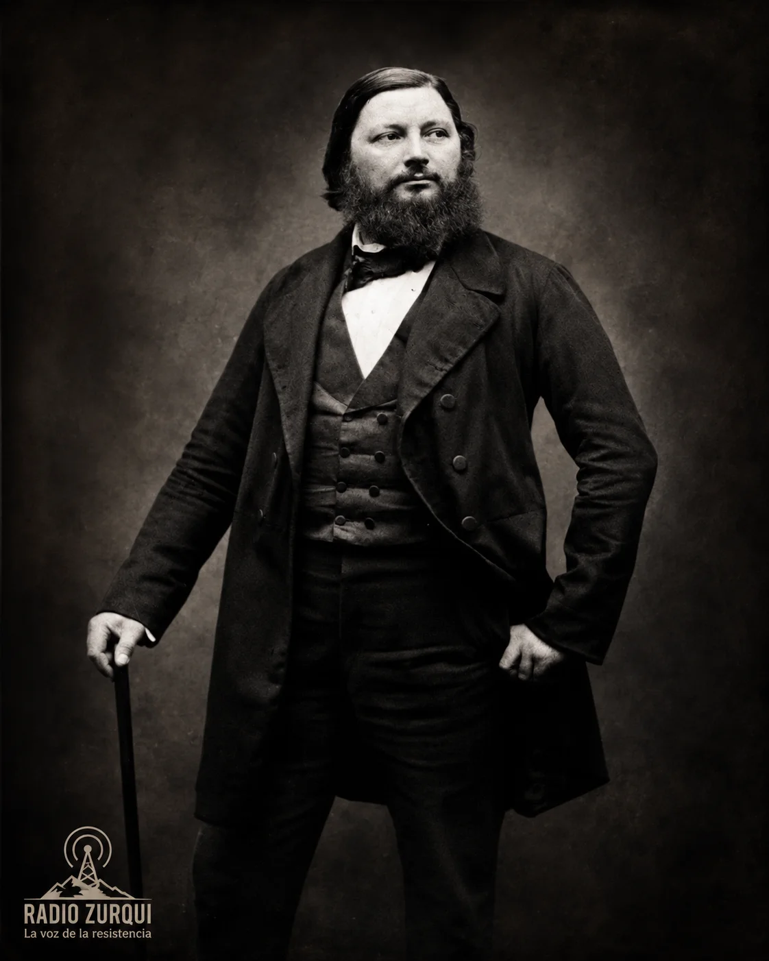 Retrato de Gustave Courbet con fondo oscuro y sello de Radio Zurqui para la cita del día sobre arte vivo y mirada crítica de la época