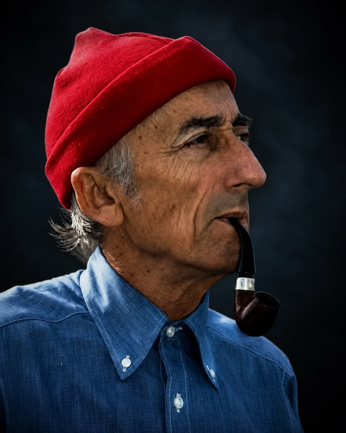 Retrato de Jacques-Yves Cousteau con gorro rojo, camisa azul y fondo oscuro para la cita del día de Radio Zurqui