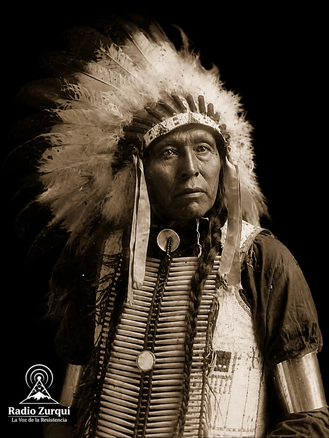 Retrato del jefe Seattle sobre fondo negro con logo de Radio Zurqui para la cita del día sobre la tierra