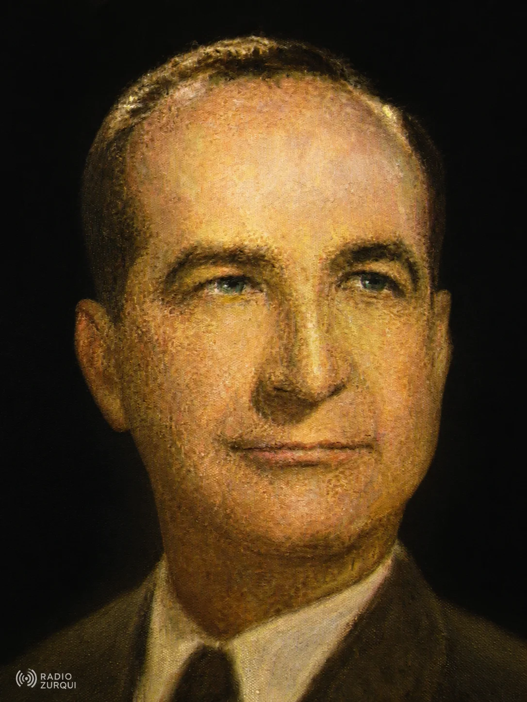 Retrato de José Figueres Ferrer, Don Pepe, con fondo negro y logo de Radio Zurqui para la cita del día