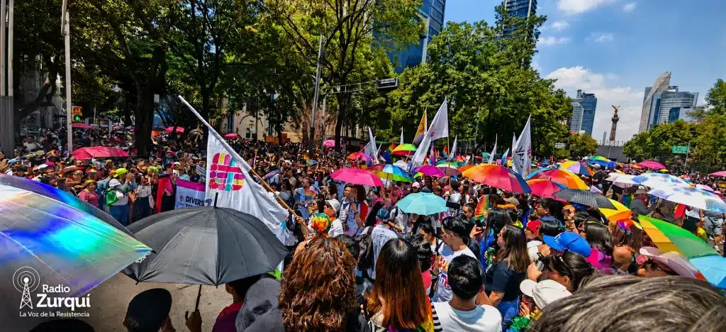 Multitud con sombrillas, banderas y colectivos durante la Marcha de la diversidad sexual 2026 en Paseo de la Reforma, CDMX.