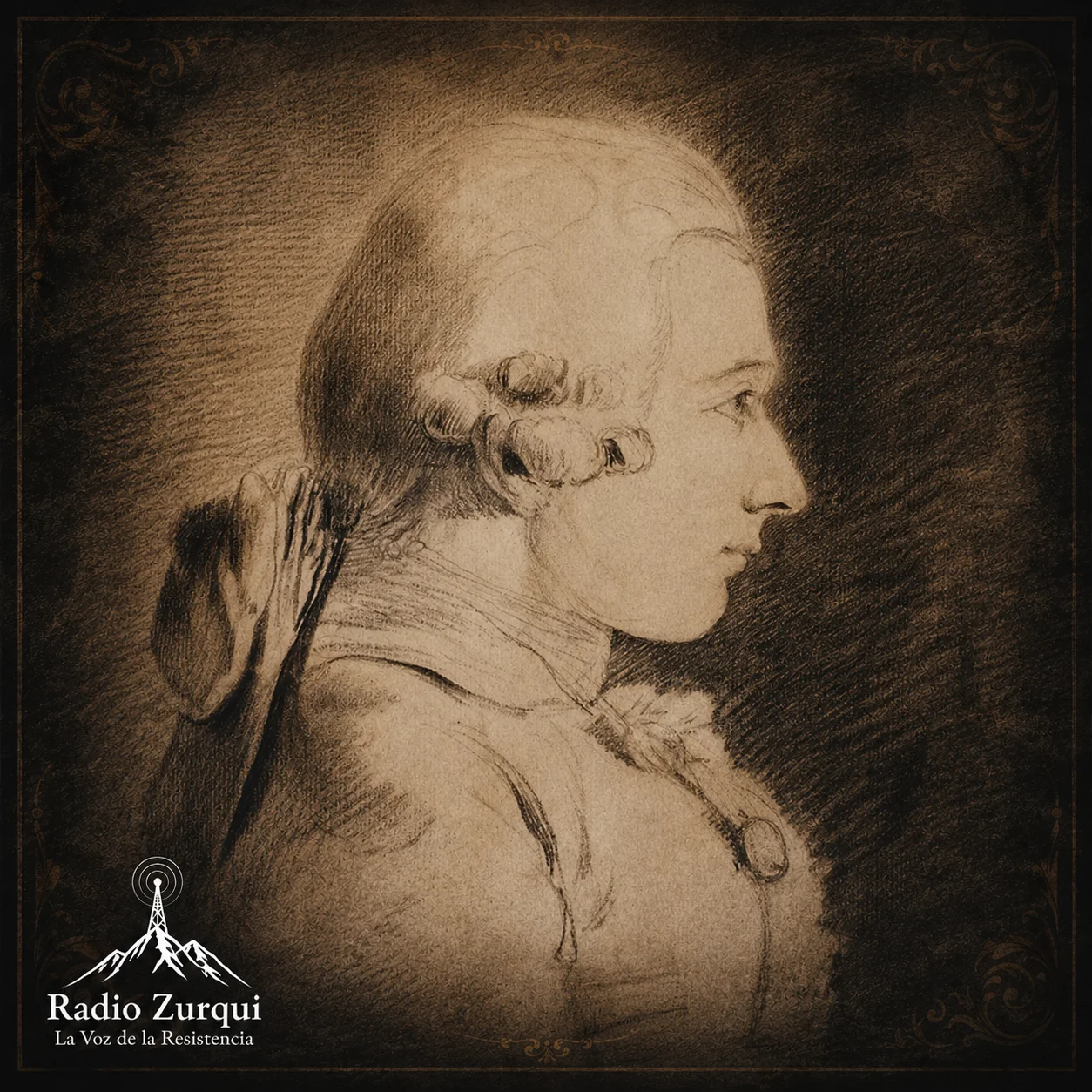 Retrato editorial del Marqués de Sade para la cita del día en Radio Zurquí, con fondo oscuro y estética histórica