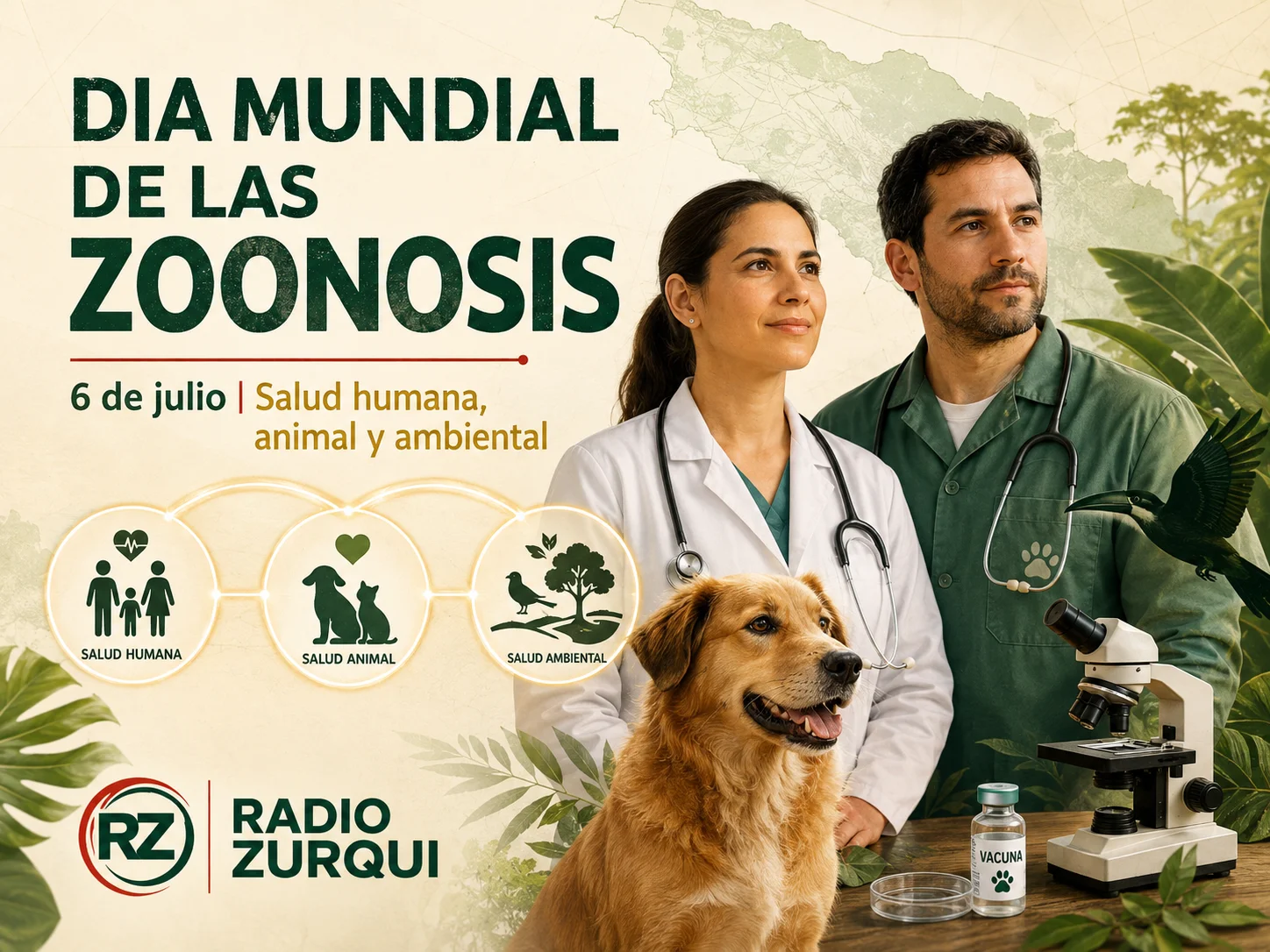 Día Mundial de las Zoonosis, salud humana, animal y ambiental, con personal médico, veterinario, perro, microscopio y logo de Radio Zurquí.