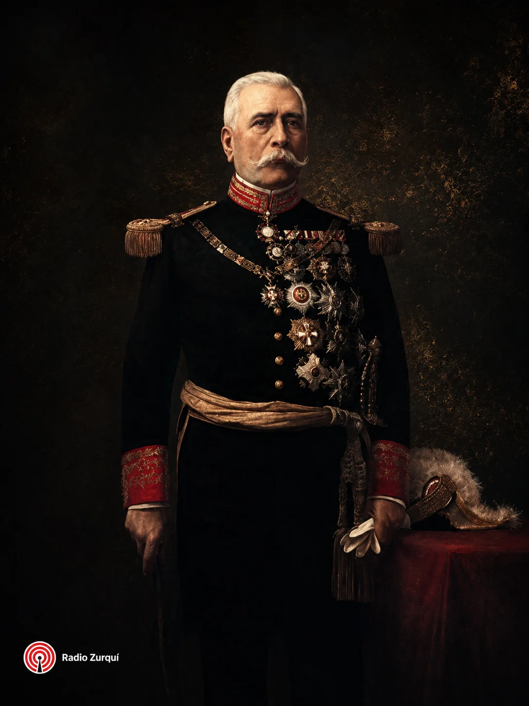 Retrato de Porfirio Díaz con fondo oscuro para la cita del día del 2 de julio en Radio Zurquí