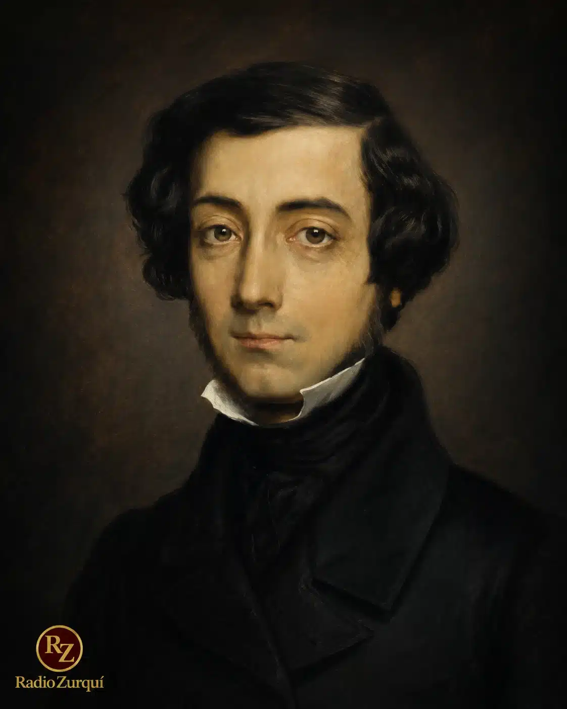 Retrato de Alexis de Tocqueville sobre fondo oscuro con el logo de Radio Zurquí