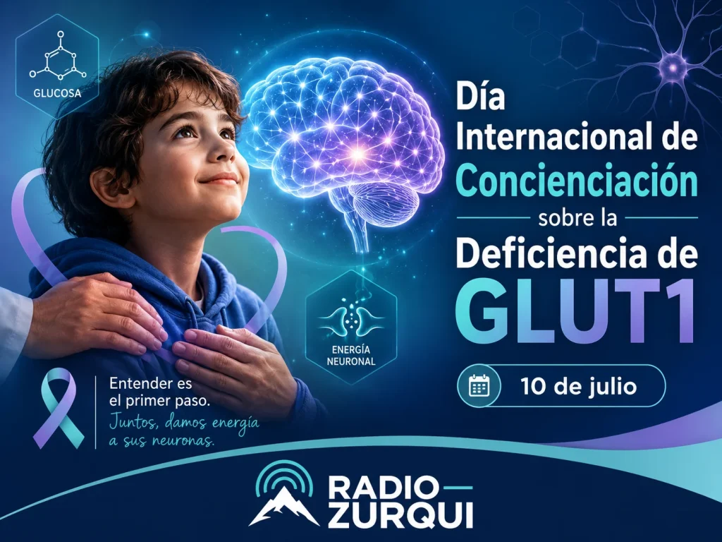 Día Internacional de Concienciación sobre la Deficiencia de GLUT1, con ilustración del cerebro y apoyo a pacientes.