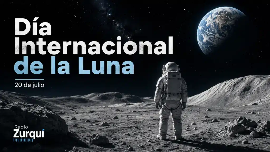 Astronauta sobre la superficie lunar durante el Día Internacional de la Luna, con la Tierra visible en el espacio.
