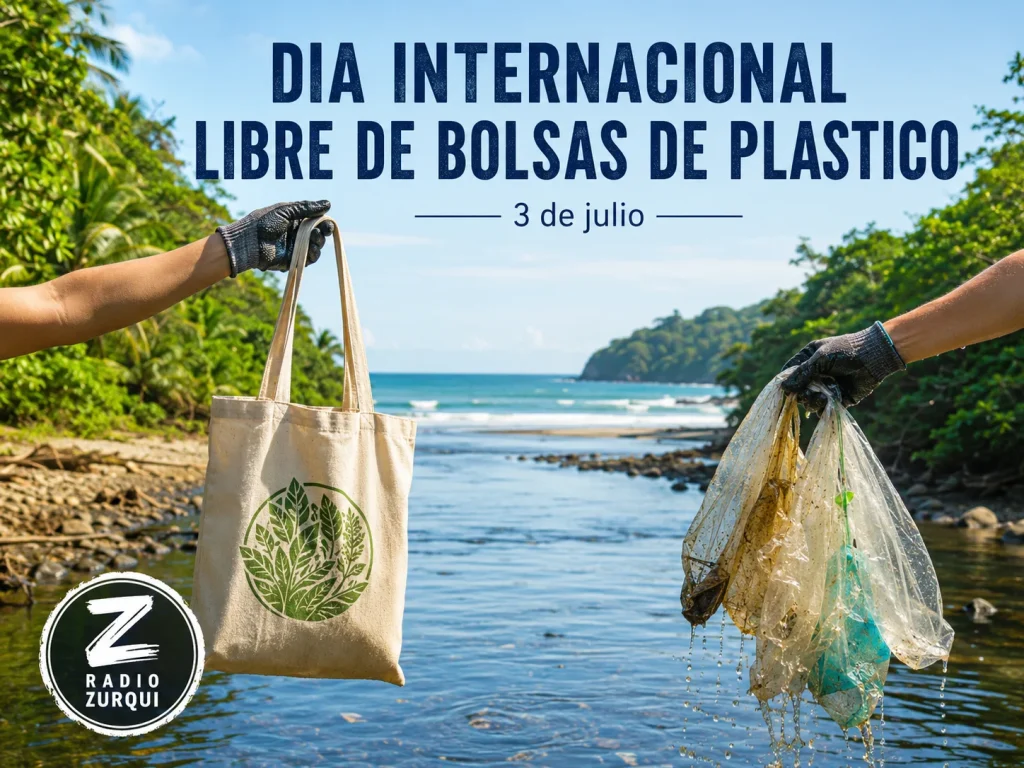 Día Internacional Libre de Bolsas de Plástico con playa, río, bolsa reutilizable y limpieza ambiental