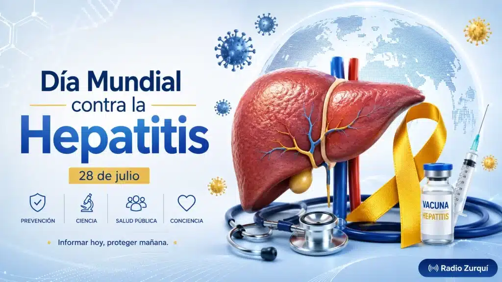 Ilustración del Día Mundial contra la Hepatitis con un hígado, vacuna, estetoscopio, lazo amarillo y la fecha 28 de julio.