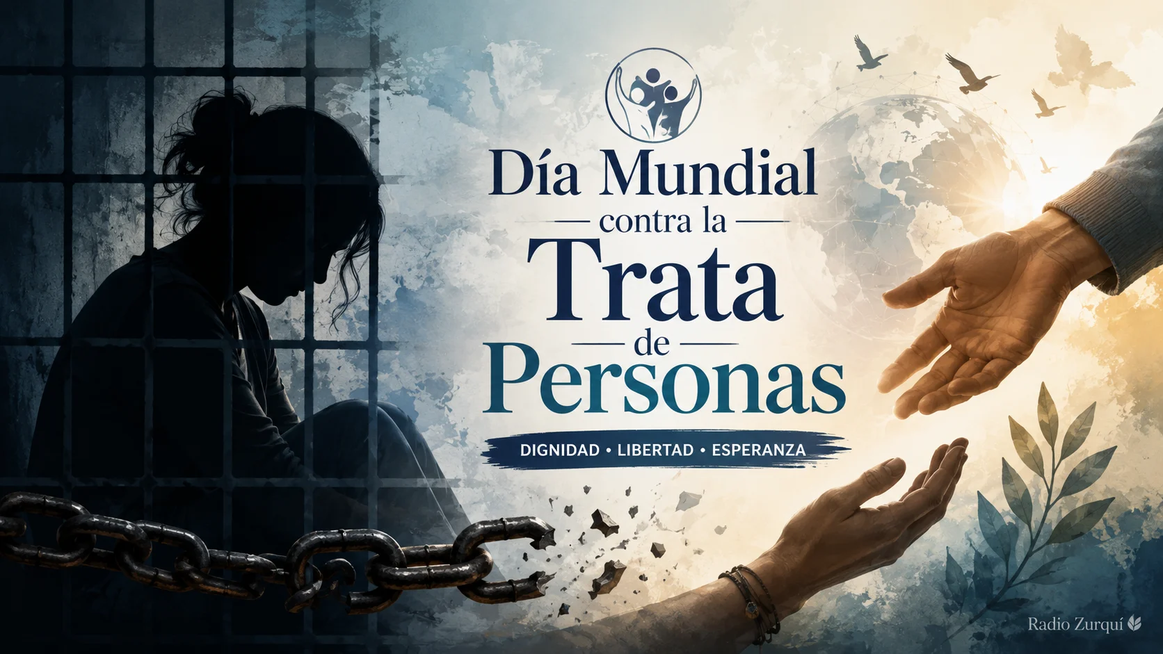 Ilustración del Día Mundial contra la Trata de Personas con cadenas rotas, una víctima en la oscuridad y manos que simbolizan ayuda y libertad.