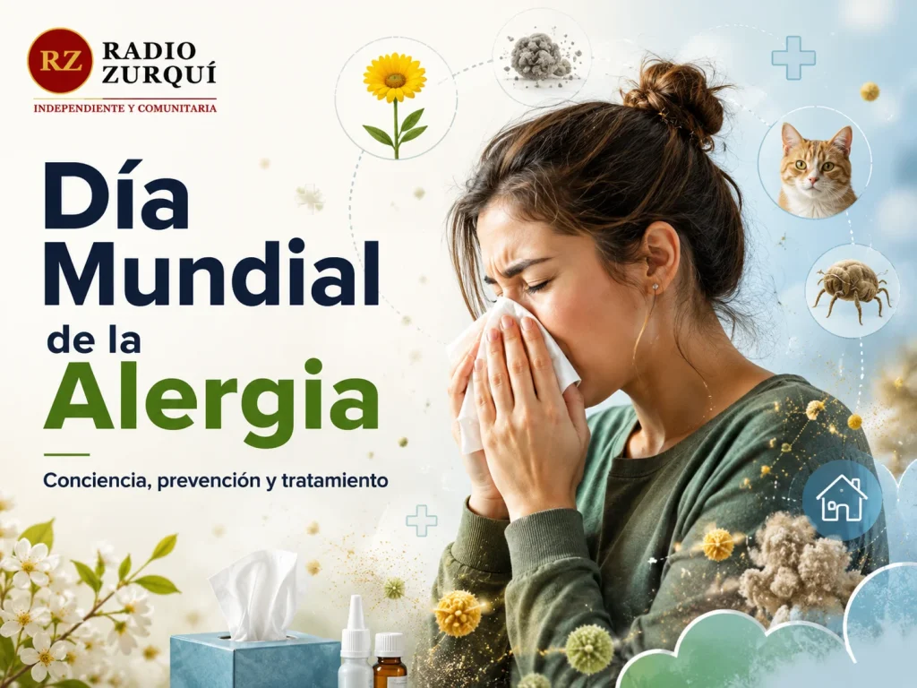 Imagen editorial del Día Mundial de la Alergia con una persona estornudando, polen, polvo, ácaros, flores, mascota y logo de Radio Zurquí.