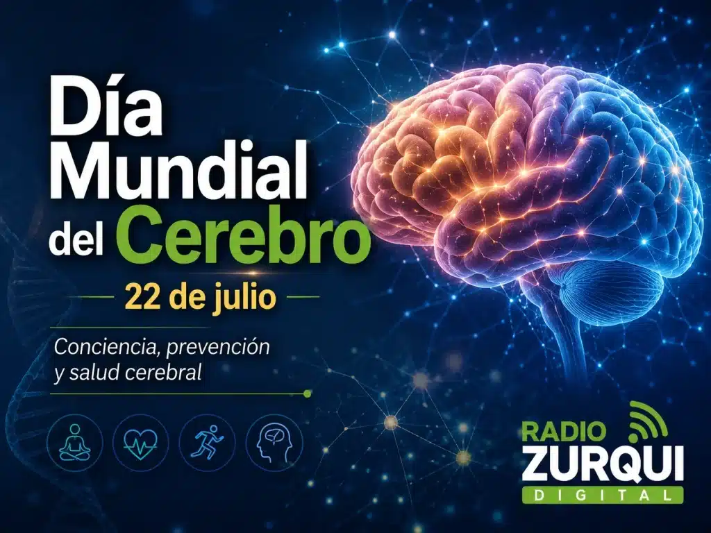Ilustración del Día Mundial del Cerebro, con conexiones neuronales y el logo de Radio Zurquí.