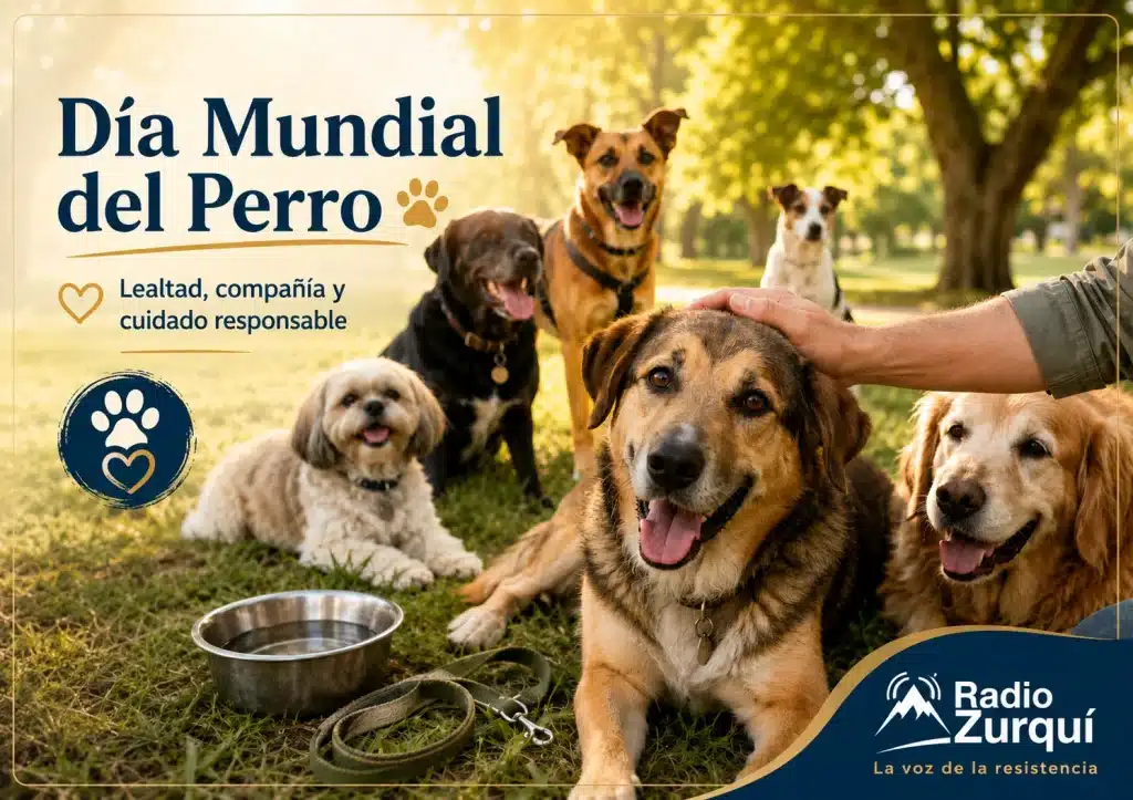 Día Mundial del Perro ilustrado con varios perros en un parque y el mensaje sobre lealtad, compañía y cuidado responsable de Radio Zurquí.