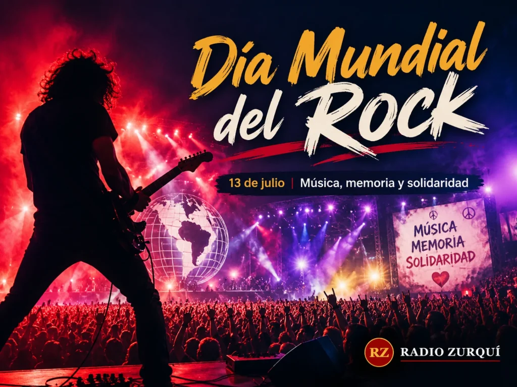 Guitarrista frente a una multitud durante la conmemoración del Día Mundial del Rock del 13 de julio.