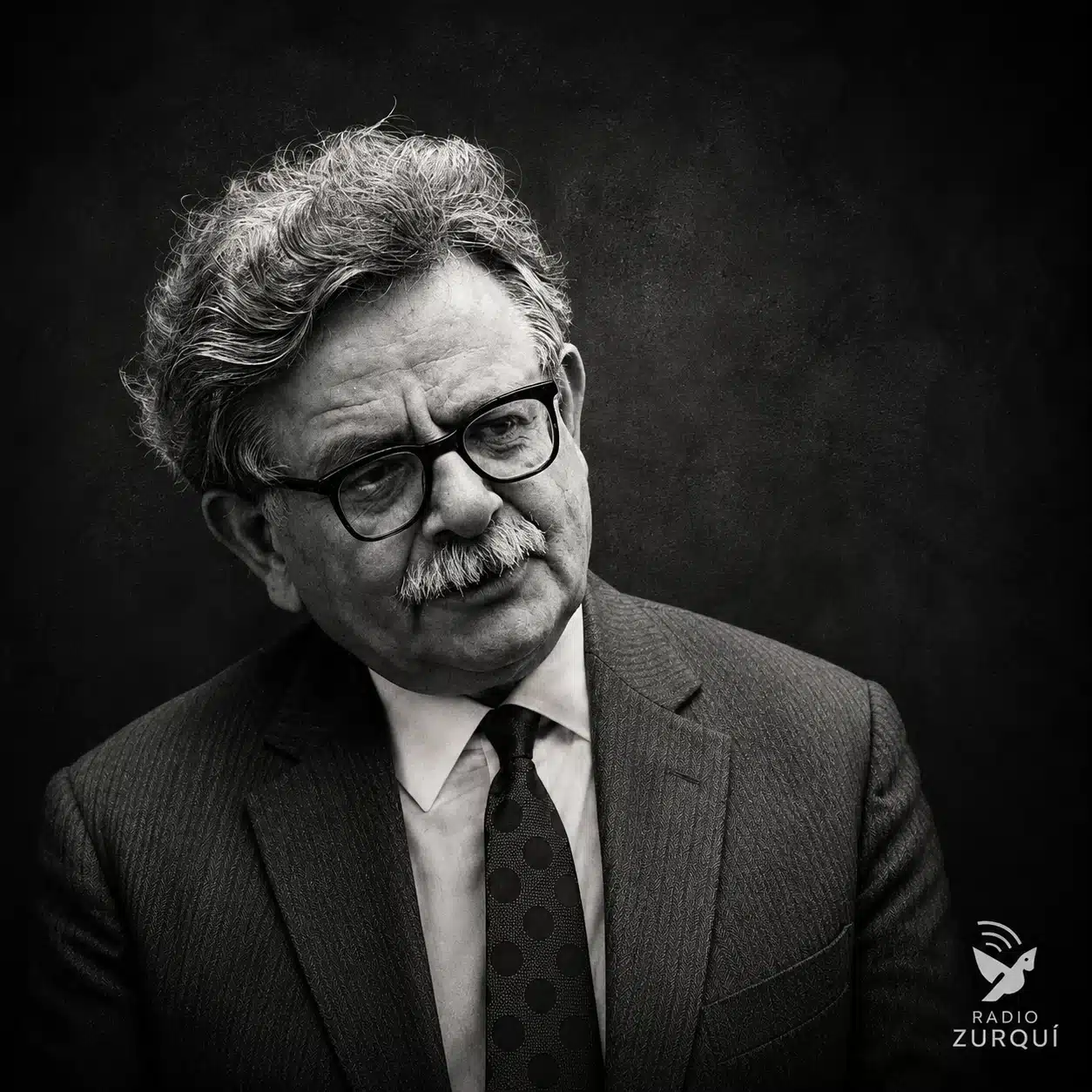 Retrato en blanco y negro de Elias Canetti con fondo oscuro y logotipo de Radio Zurquí