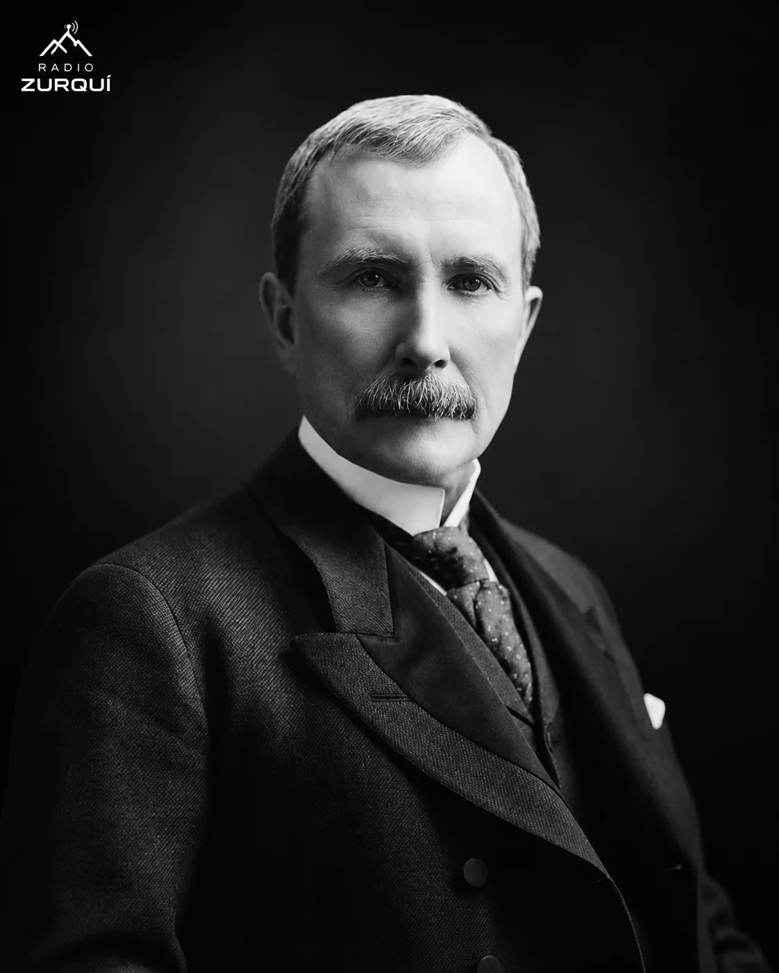 Retrato en blanco y negro de John D. Rockefeller sobre fondo oscuro con el logo de Radio Zurquí