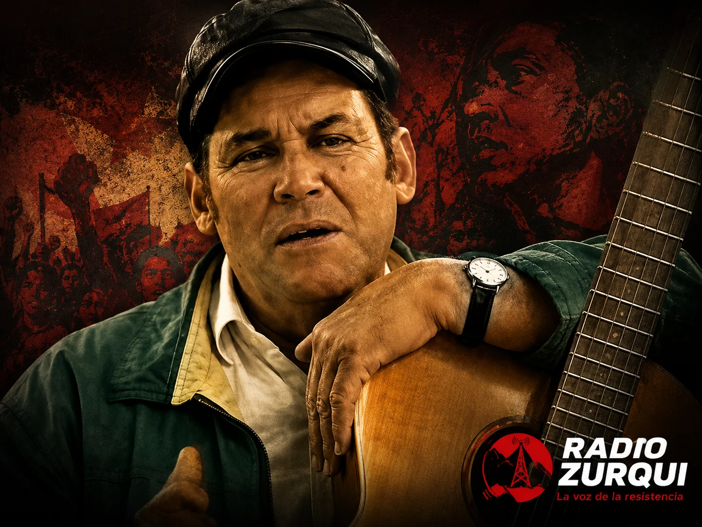 José de Molina con guitarra en fondo revolucionario para la cita del día en Radio Zurquí