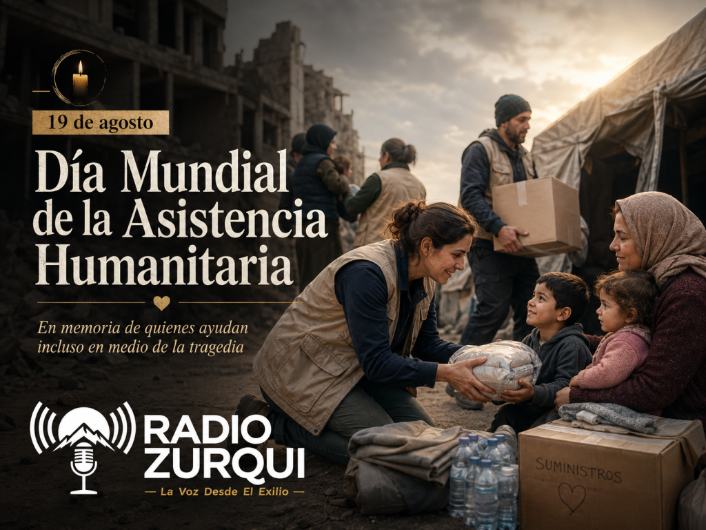 Día Mundial de la Asistencia Humanitaria, con trabajadores entregando ayuda a familias afectadas por una crisis.