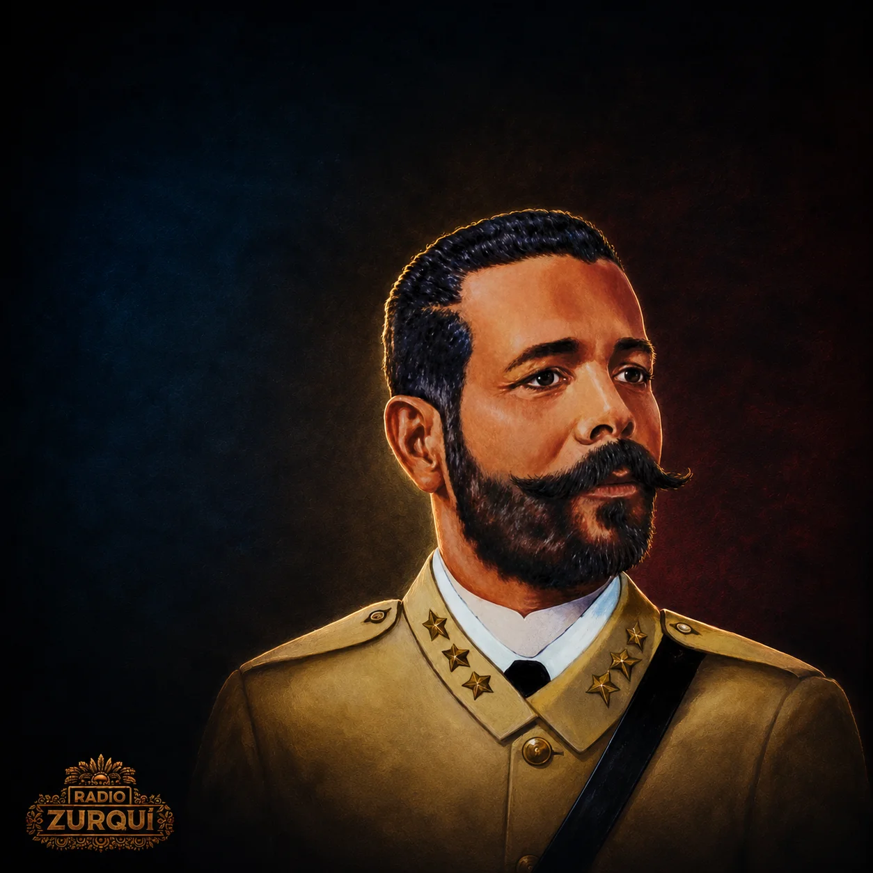 Retrato de Antonio Maceo sobre fondo oscuro, con el logo de Radio Zurquí