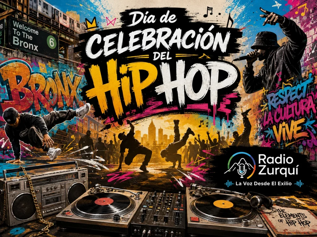 Día de Celebración del Hip Hop con grafiti, tornamesas, breakdance y ambiente urbano del Bronx.