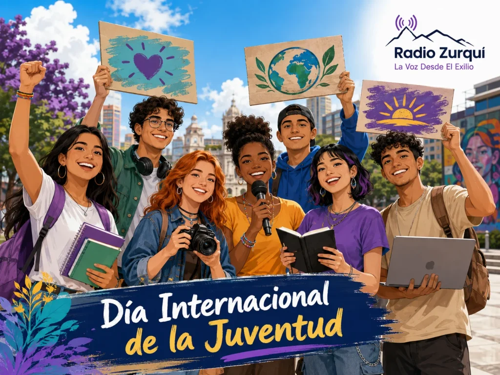Ilustración del Día Internacional de la Juventud con jóvenes reunidos y logo de Radio Zurquí