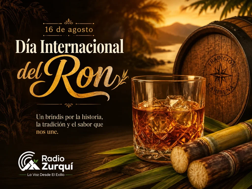Día Internacional del Ron, celebrado el 16 de agosto, con una copa de ron, caña de azúcar y barril.