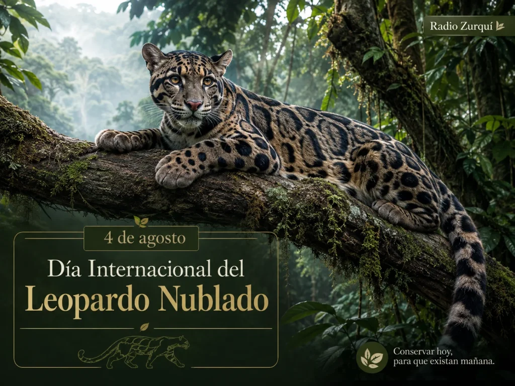 Leopardo nublado sobre una rama en el bosque tropical por el Día Internacional del Leopardo Nublado.