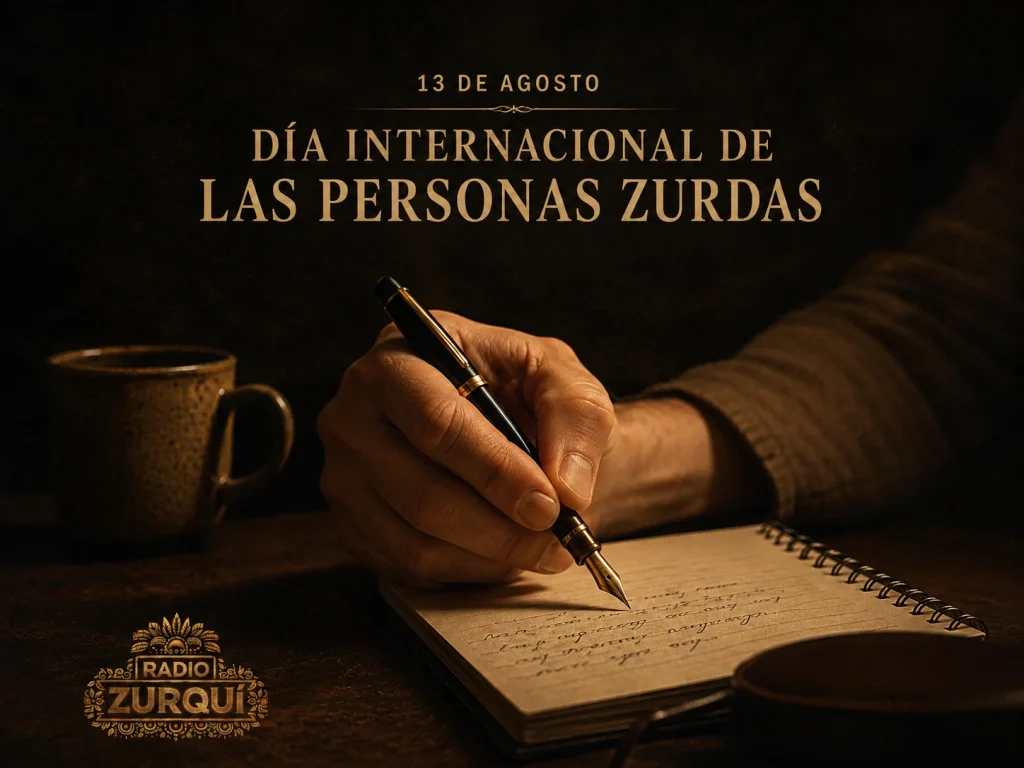 Mano izquierda escribiendo por el Día Internacional de las Personas Zurdas, con el logo de Radio Zurqui.