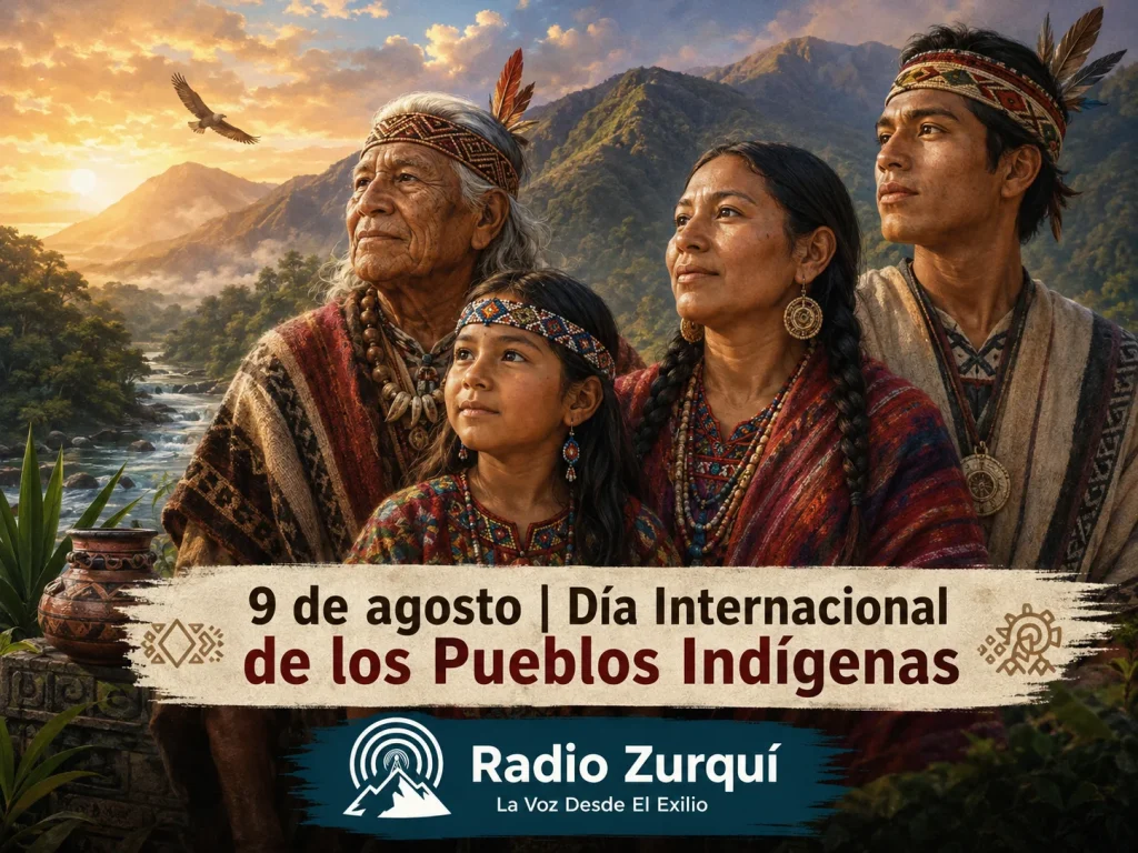 Día Internacional de los Pueblos Indígenas, ilustración con comunidad indígena y logo de Radio Zurquí
