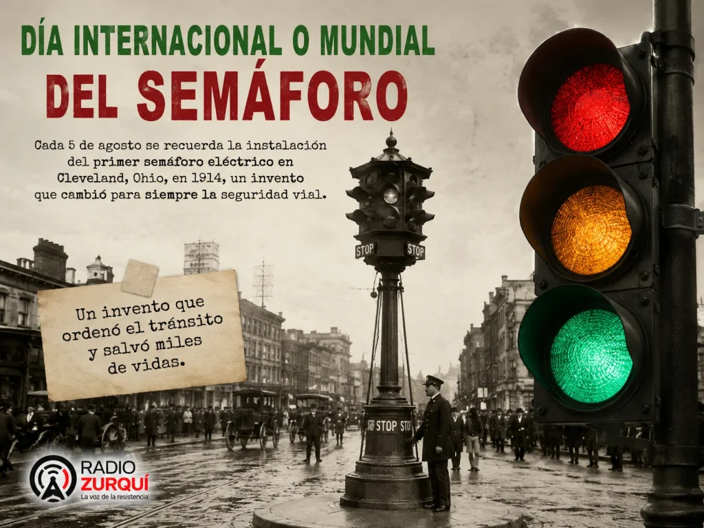Imagen conmemorativa del Día Mundial del Semáforo, celebrado el 5 de agosto, con un semáforo moderno y una escena histórica de Cleveland en 1914.