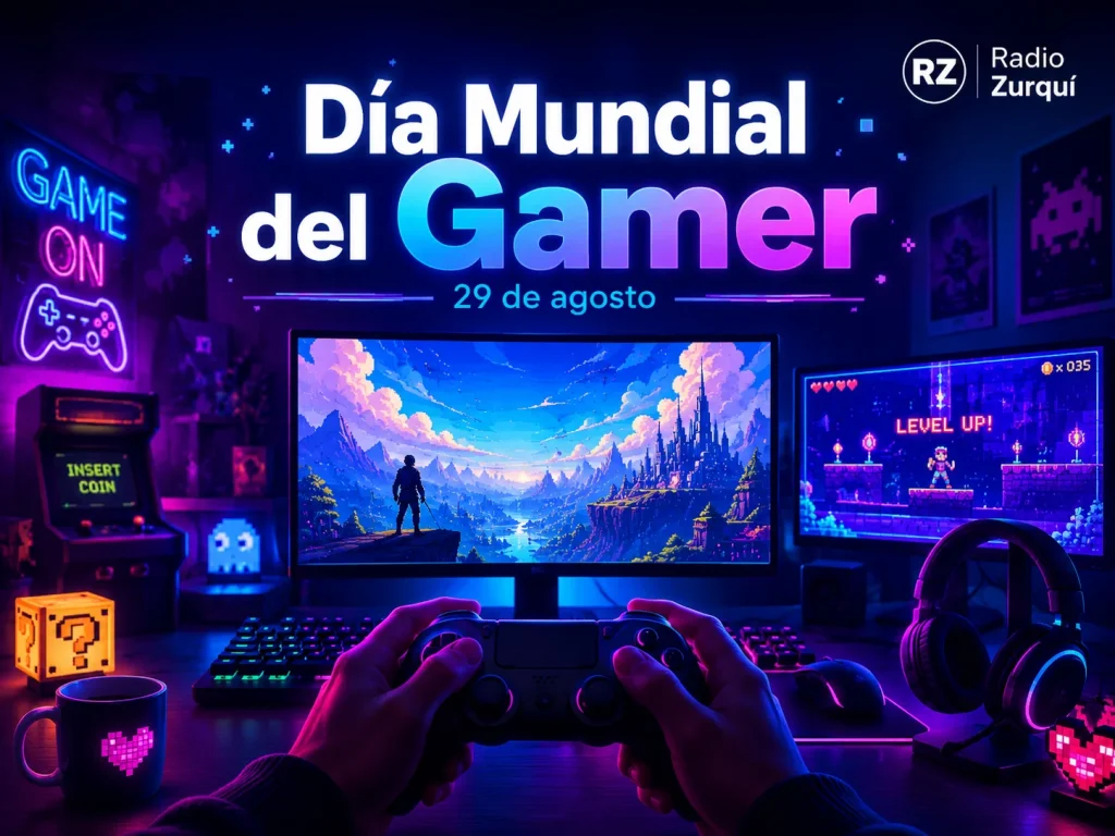Día Mundial del Gamer, celebrado el 29 de agosto, con ambiente de videojuegos y logo de Radio Zurquí