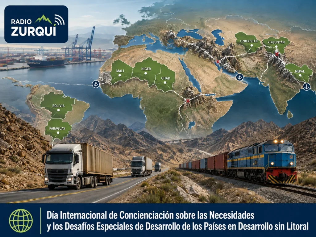 Mapa y rutas de transporte de países en desarrollo sin litoral