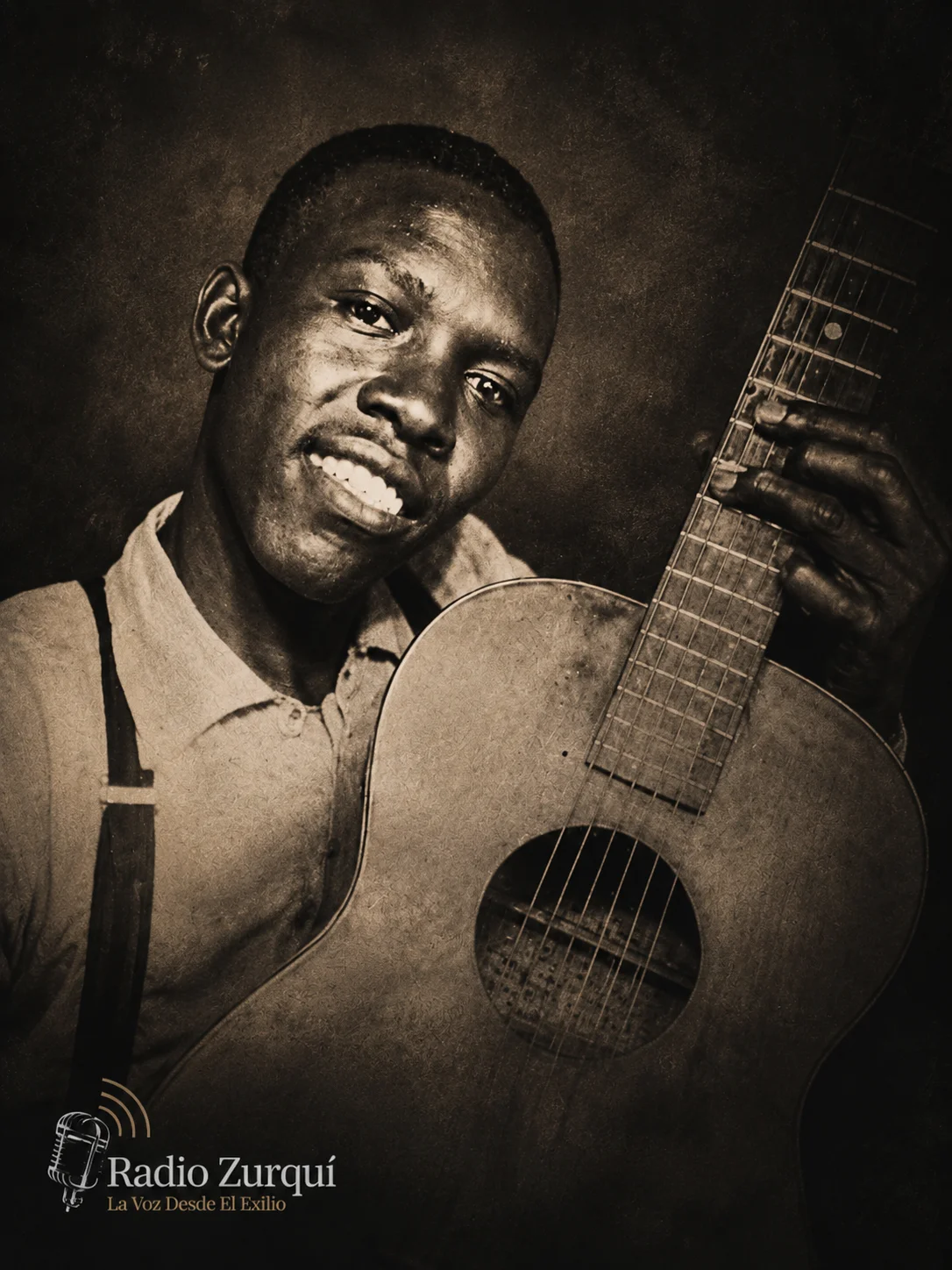 Robert Johnson con guitarra en retrato de estilo vintage para la cita del día del 16 de agosto