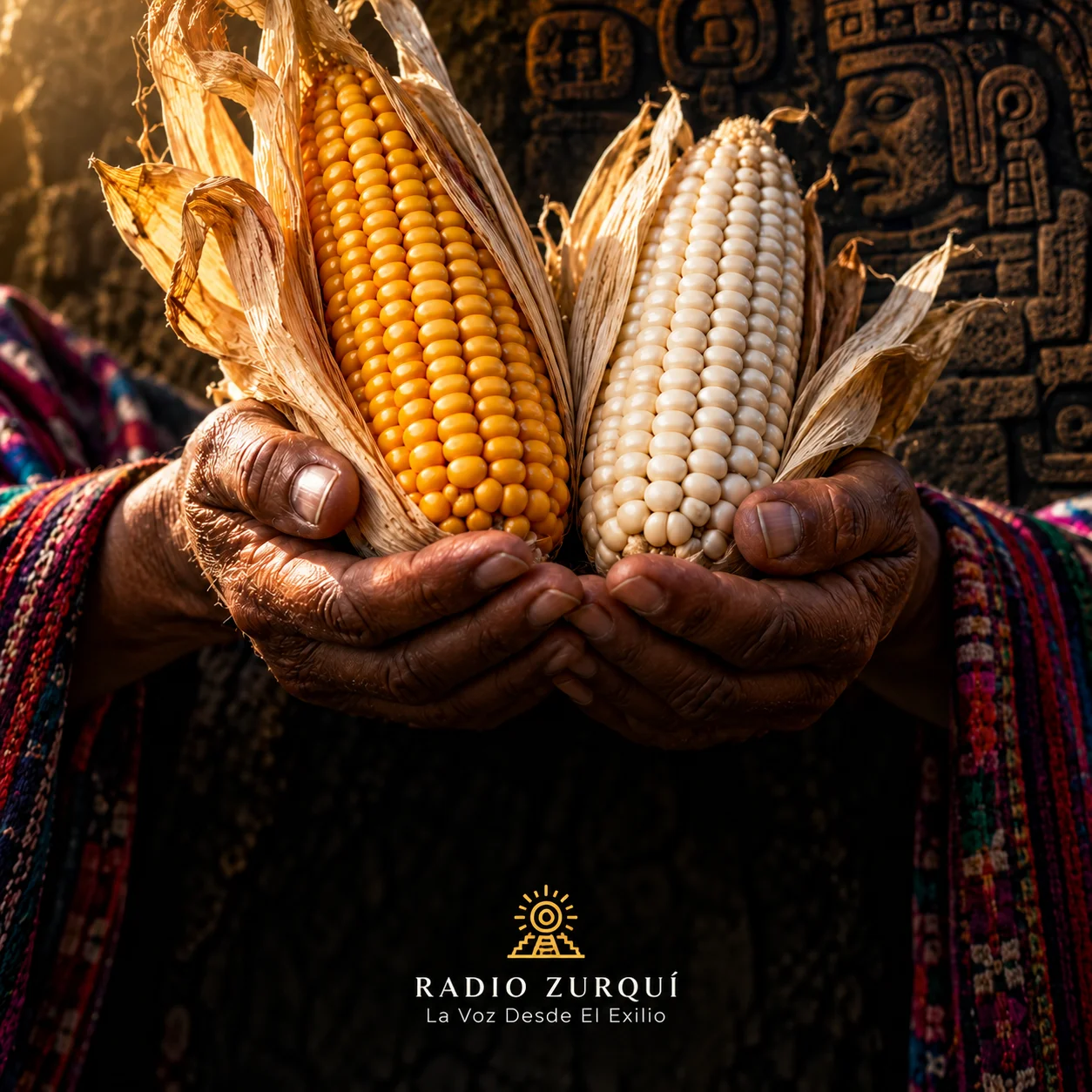 Mazorca de maíz amarillo y mazorca de maíz blanco sostenidas por manos indígenas, imagen inspirada en el Popol Vuh y la tradición maya k’iche’