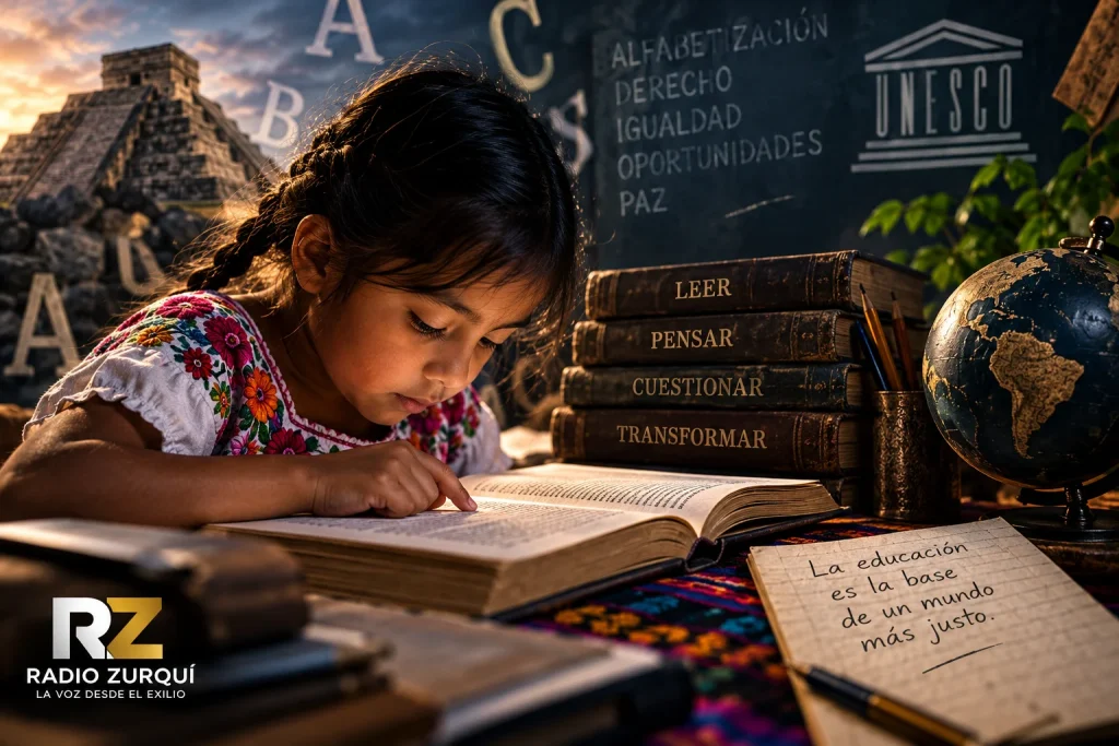 Día Internacional de la Alfabetización: niña leyendo entre libros, símbolos educativos y referencias a la UNESCO.